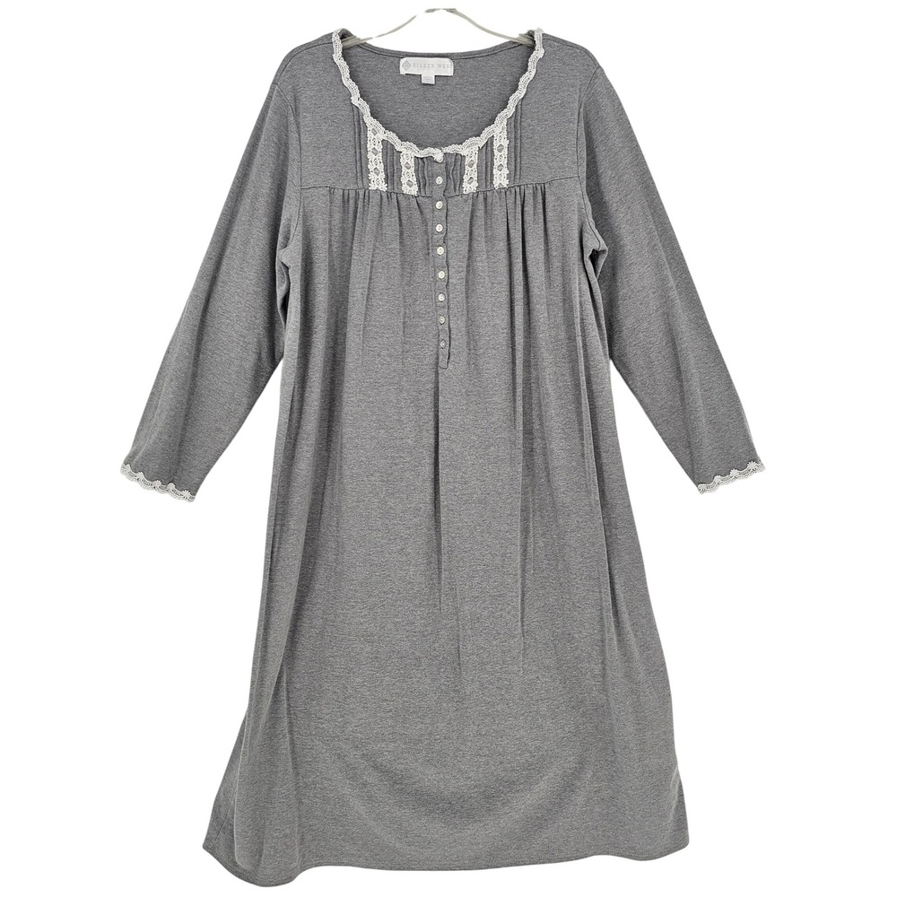 Eileen West Lace Trim LS Nightgown‎ L Gray Pleated Pintuck Cottagecore